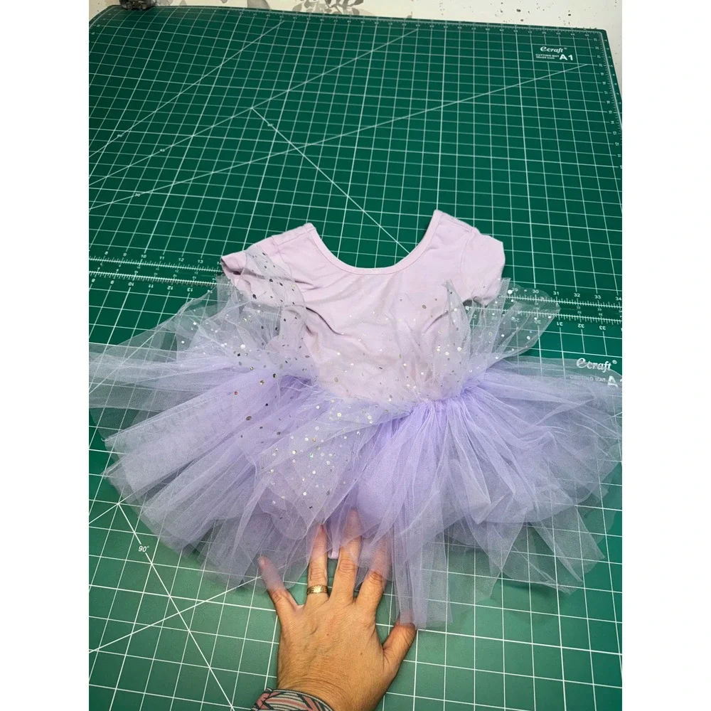 Girls Lilac Purple Sequin Tutu Leotard Short Sleeve Ballet Dance Dress Size 120